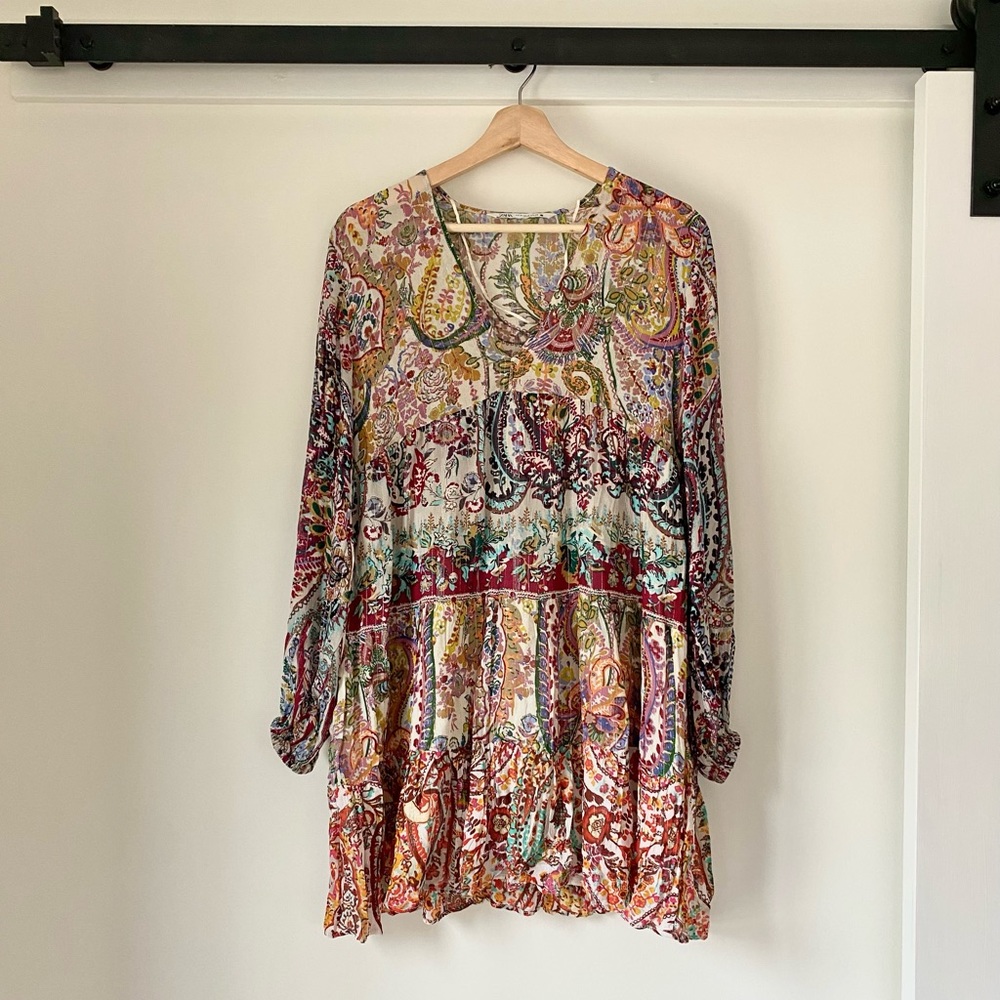 Zara Long Sleeve Metallic Paisley Flowing Bohemian Dress